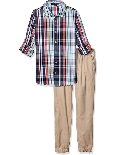 Beverly Hills Polo Club Boys 2 Piece Red Checked Dress Shirt Twill Pants Outfit, Sizes 4-7 - SophiasStyle.com